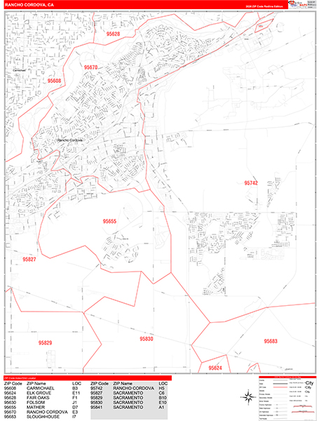 Rancho Cordova Zip Code Wall Map